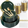 Morejoy 350 PCS Green Plastic Plates - Green Gold Plastic Dinnerware Set Include 50Dinner Plates, 50Dessert Plates 150Cutlery, 50Cups, 50Napkin Perfect for Party & Wedding