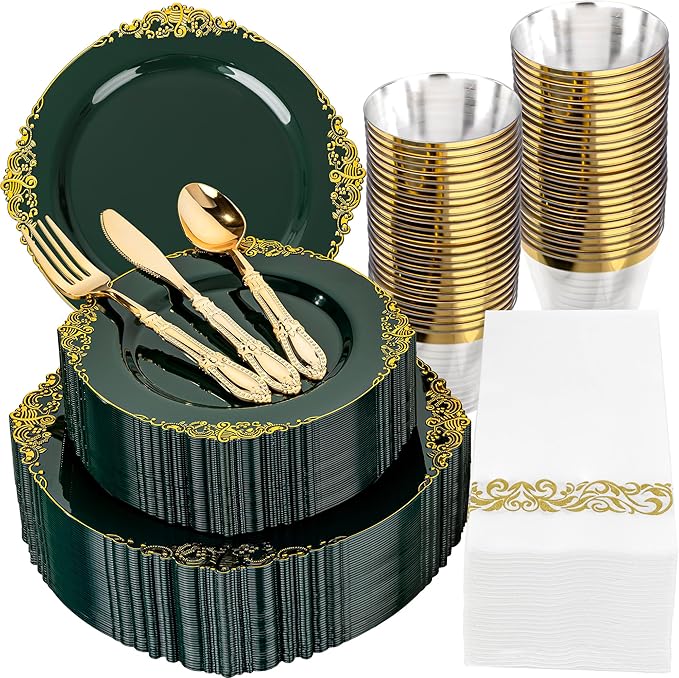 Morejoy 350 PCS Green Plastic Plates - Green Gold Plastic Dinnerware Set Include 50Dinner Plates, 50Dessert Plates 150Cutlery, 50Cups, 50Napkin Perfect for Party & Wedding