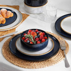 Herogo 12-Piece Stoneware Dinnerware Sets for 4, Dinner Plates and Bowls Sets, Double Reactive Glaze Dishware Place Setting for Kitchen, Scratch Resistant, Microwave Safe, Ivory White & Starry Blue