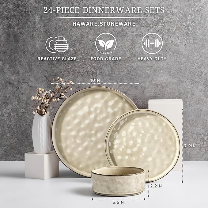 HaWare Dinnerware Sets, 24-Piece Plates and Bowls Set, Stoneware Dish Set for 8, Ceramic Dinnerware for Home Restaurant, Chip and Scratch Resistant, Microwave and Dishwasher Safe, Reactive Khaki