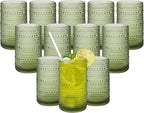Vintage Hobnail Drinking Glasses Set of 12, 16 oz Large Capacity Embossed Green Tumblers, Highball Glasses for Water, Cocktail, Beer, Whiskey, Kitchen & Bar Use