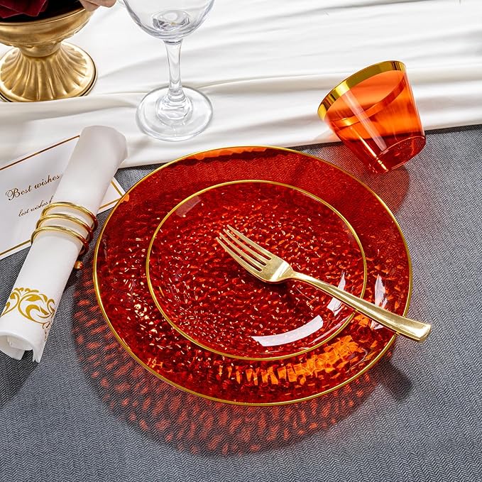 DaYammi 350PCS Clear Red Gold Plastic Dinnerware Set for 50 Guests, Hammered Disposable Plates for Party, Include: 50 Dinner Plates, 50 Dessert Plates, 150 Gold Silverware, 50 Napkins, 50 Cups