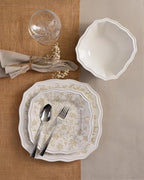 222 Fifth 12-Piece Porcelain Dinnerware Set for 4, Glossy Cream Plates and Bowls Set with Taupe Flowers, Elegant Square Ceramic Dish Set, Kitchen Tableware, Microwave & Dishwasher Safe, Batik Toile