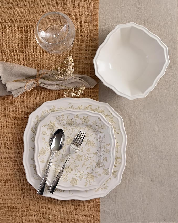 222 Fifth 12-Piece Porcelain Dinnerware Set for 4, Glossy Cream Plates and Bowls Set with Taupe Flowers, Elegant Square Ceramic Dish Set, Kitchen Tableware, Microwave & Dishwasher Safe, Batik Toile