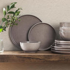 Gibson Elite 12 Piece (Service for 4) Eden Rock Plates and Bowls Reactive Glaze Round Dishes Stoneware Ceramic Dinnerware Set - Grey