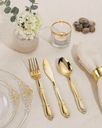 Morejoy 175PCS Clear and Gold Plastic Plates - Clear Plastic Dinnerware Set Include 25Dinner Plates, 25Dessert Plates 75Cutlery, 25Cups, 25Napkin Perfect for Party & Wedding
