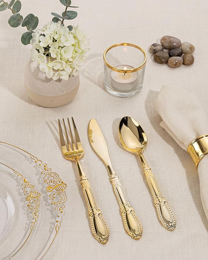 Morejoy 175PCS Clear and Gold Plastic Plates - Clear Plastic Dinnerware Set Include 25Dinner Plates, 25Dessert Plates 75Cutlery, 25Cups, 25Napkin Perfect for Party & Wedding