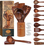 Wooden Kitchen Utensil Set 12 Piece- Teak Wood Cooking Utensils Set with Holder, Wooden Spoons for Cooking, Non-Toxic Natural Wood Kitchen Tools