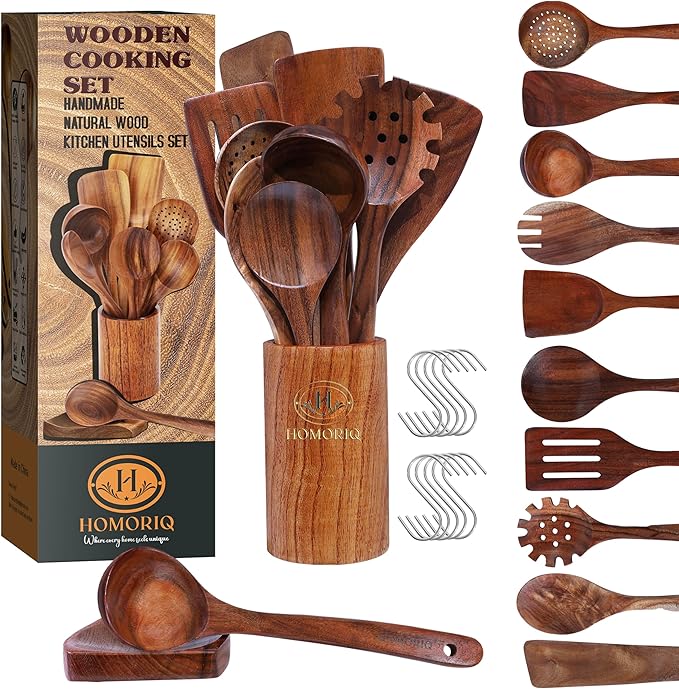 Wooden Kitchen Utensil Set 12 Piece- Teak Wood Cooking Utensils Set with Holder, Wooden Spoons for Cooking, Non-Toxic Natural Wood Kitchen Tools