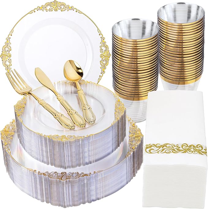 Morejoy 350PCS Clear and Gold Plastic Plates - Clear Plastic Dinnerware Set Include 50Dinner Plates, 50Dessert Plates 150Cutlery, 50Cups, 50Napkin Perfect for Party & Wedding