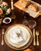 Nervure 175PCS Ivory Plastic Plates - Ivory Gold Plastic Dinnerware Sets for 25 Guests - 50 Gold Disposable Plates, 25 Pre Rolled Cutlery Set, 25 Cups Perfect for Wedding, Party