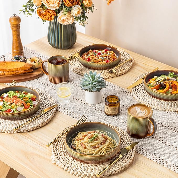 theterra 7.5'' Ceramic Pasta Bowls, Salad Bowls Set of 4, Stoneware Serving Bowls for Fruits, Noodle, Dinner, House-warming Wedding Present, Sage Umber