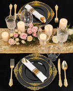 Nervure 175PCS Black Plastic Plates - Disposable Black Gold Party Plates & Pre Rolled Napkins with Cutlery for 25 Guests, 50Plates, 75Silverware, 25Cups, 25Napkin for Wedding & Party