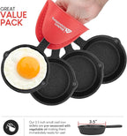 Modern Innovations Mini Black Cast Iron Skillet Set with Silicone Mitt (4 Count) - 3.5 Inch Pans, Pre Seasoned Small Skillets for Baked Cookie/Brownie or Cooked Eggs