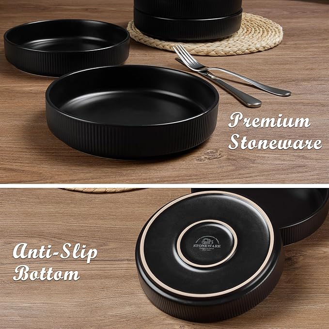 E-far Pasta Bowls Set of 4, 35oz Large Salad Bowl Plate for Dinner Serving Soup, Wide & Shallow Ceramic Stoneware Pasta Plates, Microwave & Dishwasher Safe, Reactive Glaze Texture-Stripe, Matte Black