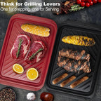 Czlizdyt Large Grilling Prep and Serve Trays, BBQ Platter for Raw and Cooked Food, Melamine Serving Trays for Food, Set of 2, Black and Red, Napkin and Cleaning Clothes Included