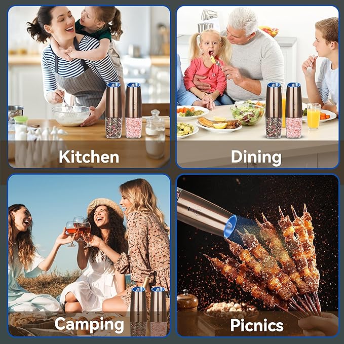 Rechargeable Electric Salt and Pepper Grinder set of 2, gravity electric salt and pepper grinder set, Adjustable Roughness, LED Light, 2 Pack, (Copper)
