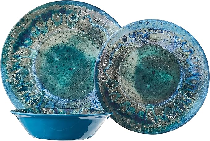 Radiance Teal 12pc Melamine Dinnerware Set – Service for 4 Plates and Bowls Set, Outdoor Dinnerware, Coastal Dishes, Unbreakable, Dishwasher Safe, Heavyweight Melamine, Rustic Look