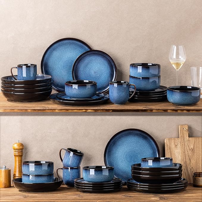 LERATIO Ceramic Dinnerware Sets for 4,16-Piece Reactive Glaze Plates and Bowls Set with Mugs,Highly Chip and Crack Resistant | Dishwasher,Microwave & Oven Safe Dishes set-Blue