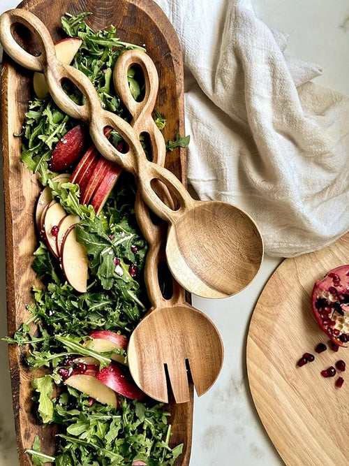 13" Wood Salad Tongs For Serving, Acacia Wood Kitchen Utensils Set, Salad Mixing Dinner Fork and Spoon Long Handle Salad Server Set Kitchen, Housewarming Gift Ideas, Set of 2 (Acacia Wood)