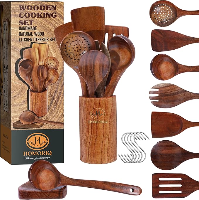 9 Piece Premium Teak Wooden Cooking Utensils Set- Spoons and Spatulas with Holder and Spoon Rest, Heat-Resistant, Non-Stick Safe, Lightweight Kitchen Tools (9)