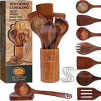 9 Piece Premium Teak Wooden Cooking Utensils Set- Spoons and Spatulas with Holder and Spoon Rest, Heat-Resistant, Non-Stick Safe, Lightweight Kitchen Tools (9)