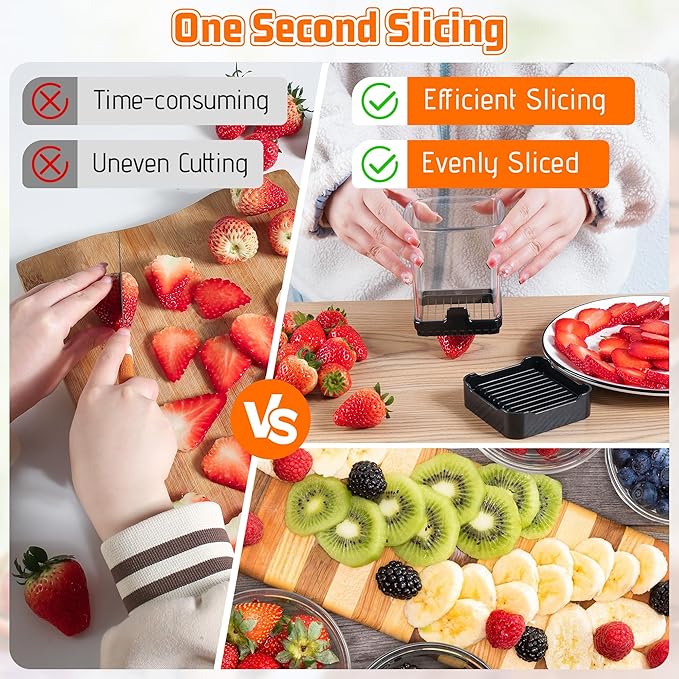 2 Pack Fruit Slicer Cup for Strawberry, Banana, Hard-Boiled Egg - Detachable Cutter with Push Plate - Rapid & Safe Slicing Kitchen Gadget for Quick Meal Prep (Black)