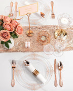 Nervure 350PCS Rose Gold Plastic Plates - Rose Gold Plastic Dinnerware Sets for 50 Guests - 100 Disposable Plates, 150 Silverware, 50 Cups, 50 Napkins Perfect for Wedding & Party & Easter
