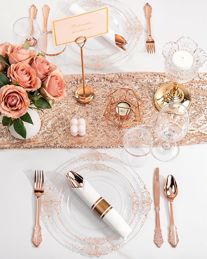 Nervure 350PCS Rose Gold Plastic Plates - Rose Gold Plastic Dinnerware Sets for 50 Guests - 100 Disposable Plates, 150 Silverware, 50 Cups, 50 Napkins Perfect for Wedding & Party & Easter