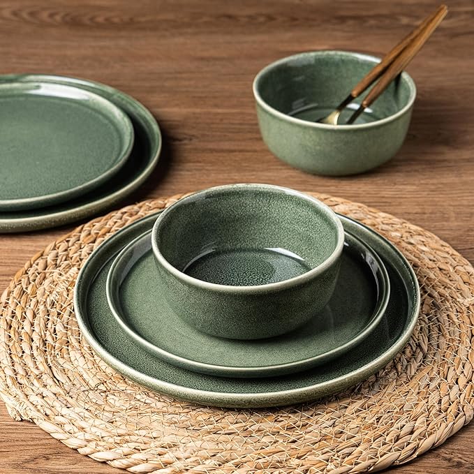 AmorArc Stoneware Dinnerware Sets for 4,Round Reactive Glaze Ceramic Plates and Bowls Set,Highly Scratch Resistant | Dishwasher & Microwave Safe Dishes Set,Service for 4 (12pc)
