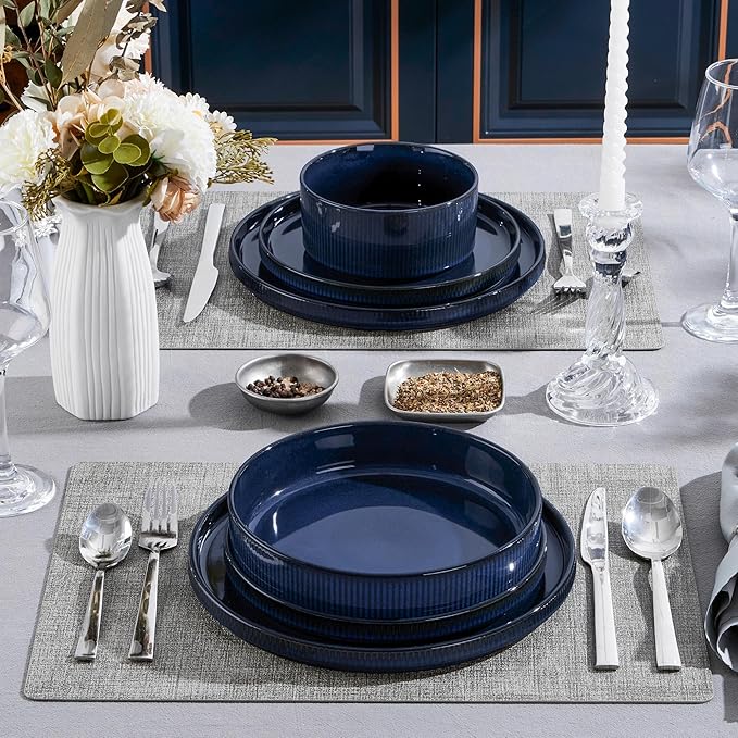 LIANYU 24 Piece Dinnerware Sets with Pasta Bowls for 6, Ribbed Dishes Plates and Bowls Set, Microwave & Dishwasher Safe Ceramic Stoneware for Home Kitchen, Scratch and Chip Resistance, Twilight Blue