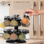Kamenstein 16 Jar Ellington Revolving Countertop Spice Rack with Lift & Pour Caps and Spices Included, FREE Spice Refills for 5 Years: Black and Chrome
