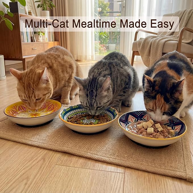 Ceramic Cat Food Bowls 6 Pack – Shallow Cat Bowl with Non-Slip Silicone Base, Whisker-Fatigue Dishes for Indoor Cats Puppy – Microwave Dishwasher Safe – 5.3 oz Cute Pet Plates for Wet Dry Food Water