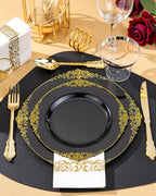 Nervure 350PCS Black Plastic Plates - Black Plastic Dinnerware Sets for 50 Guests - 100 Disposable Plates, 150 Gold Silverware, 50 Cups, 50 Napkins for Wedding & Party & Graduation & Retirement
