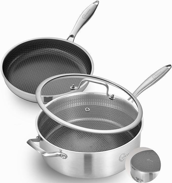 LOLYKITCH 7 QT & 12 Inch Ceramic Nonstick Pan Set – Tri-Ply Stainless Steel Large Sauté Pan with Lid & Frying Pan – Removable Handle for Easy Storage, PFOA-Free, Induction & Oven Safe