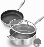 LOLYKITCH 7 QT & 12 Inch Ceramic Nonstick Pan Set – Tri-Ply Stainless Steel Large Sauté Pan with Lid & Frying Pan – Removable Handle for Easy Storage, PFOA-Free, Induction & Oven Safe