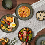 Pokini 24 Piece Dinnerware Set for 8, Santorini Mist Terracotta Plates and Bowls Sets, Complete Stoneware Dish Set for Large Families and Entertaining, Microwave & Dishwasher Safe, Blackish Green