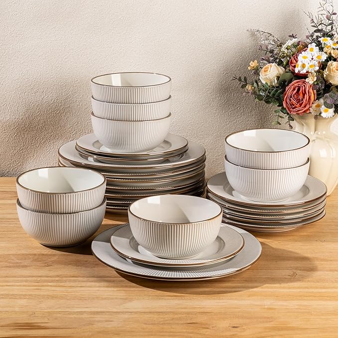 GBHOME Ceramic Dinnerware Sets, 36 pcs Embossed Elegant Stoneware Plates and Bowls Sets, Housewarming Wedding Gift | Dishwasher & Microwave Safe | Dishes Set Service for 12