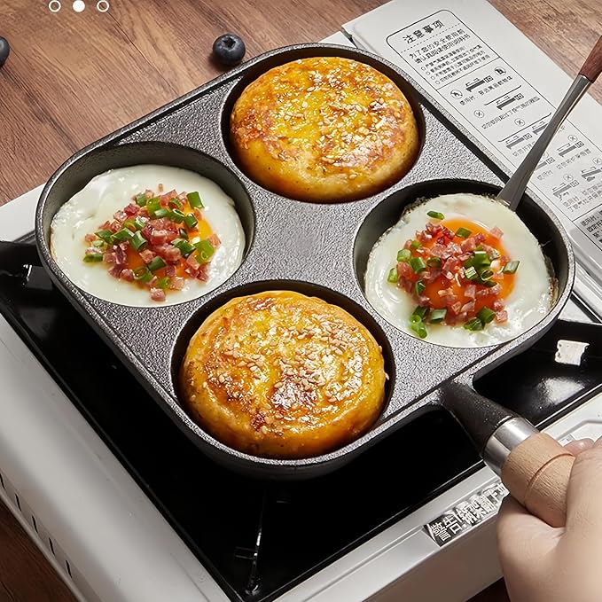 Cast Iron 4-Cup Egg Pan Skillet, Small Omelette Pan, Family Breakfast Pan for Eggs, Pancakes, Sandwich & Bruger, Suitable for Gas Stove and Induction Cooktop, Natural Nonstick with Seasoning, 7.5 inch
