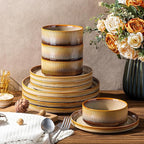 TheTerra Ceramic Dinnerware Sets for 6, 18 Pieces Porcelain Lightweight Plates and Bowls Sets, Scratch Resistant Dish Set, Oven & Microwave & Dishwasher Safe, Creamy Amber
