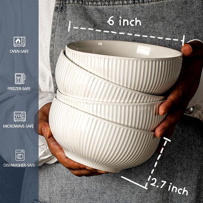 Artena Ceramic Cereal Bowls 26 oz, Embossment Soup Bowls Set of 4, White Salad Bowl for Kitchen, Dinner, Breakfast, Oatmeal, Rice, Pasta, Dishwasher Microwave Safe Bowls (Stripes) (Pack of 2)