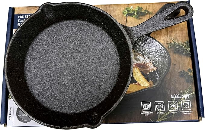 Pre-Seasoned Cast Iron Skillet, Black, 6 Inch Mini Frying Pan with Handle
