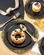 Nervure 350PCS Black Plastic Plates - Black Plastic Dinnerware Sets for 50 Guests - 100 Disposable Plates, 150 Gold Silverware, 50 Cups, 50 Napkins for Wedding & Party & Graduation & Retirement
