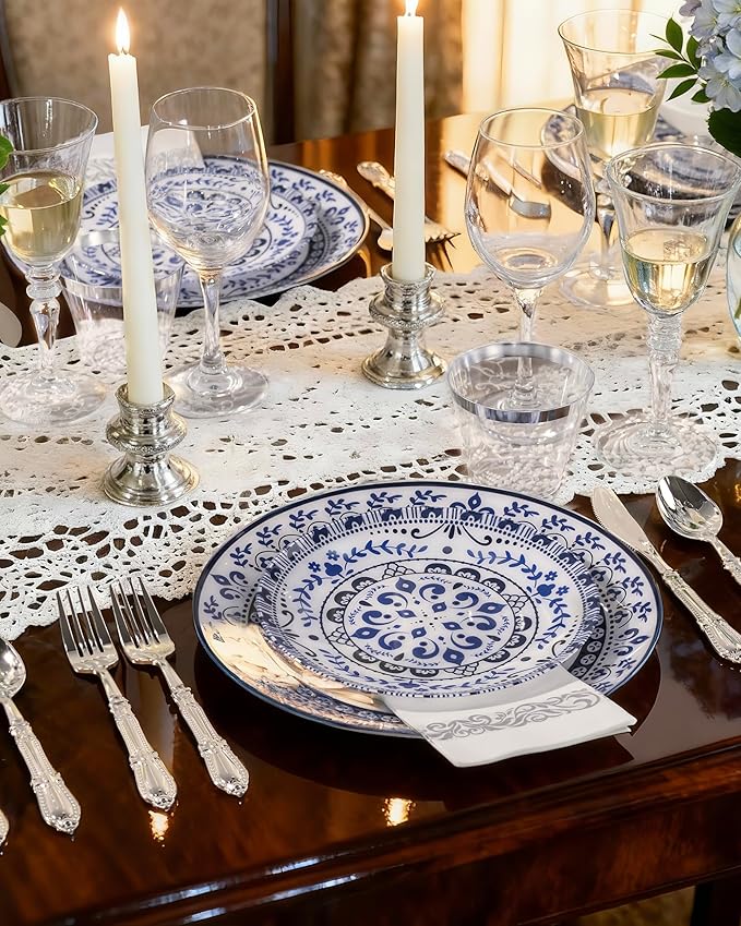 Hioasis 175PCS Blue Plastic Plates - Floral Disposable Dinnerware Set for 25 Guests, Include 50 Dinner & Dessert Plates, 75 Silver Cutlery, 25 Napkins, 25 Cups Perfect for Party (Traditional Style)