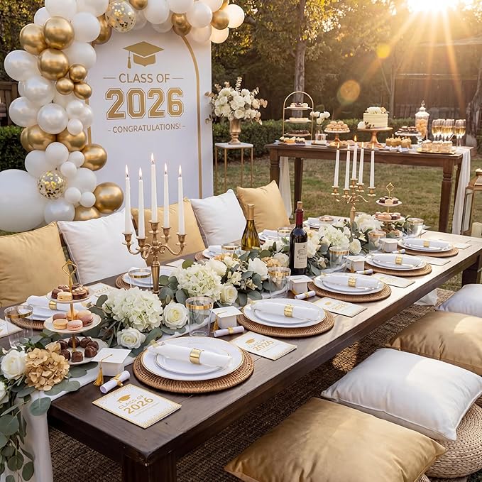 KIRE 175PCS Gold Plates Disposable - Heavy Duty White and Gold Plastic Plates Dinnerware Sets - 25 for Dinner 25 for Dessert 25 Pre Rolled Napkins and 25 Cups for Birthday/Ramadan/Wedding/Mother's Day