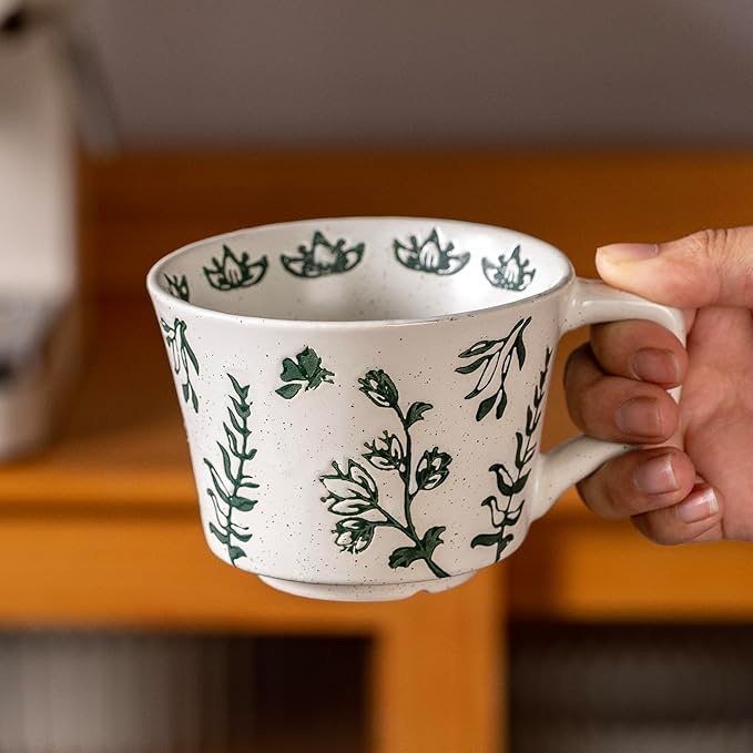 Ceramic Mugs 11 oz Set of 4, Unique Luxurious Stoneware Cups for Coffee Milk Latte Cappuccino Tea, Office Home Kitchen Use, Dishwasher Microwave Freezer Safe, Mixed Green