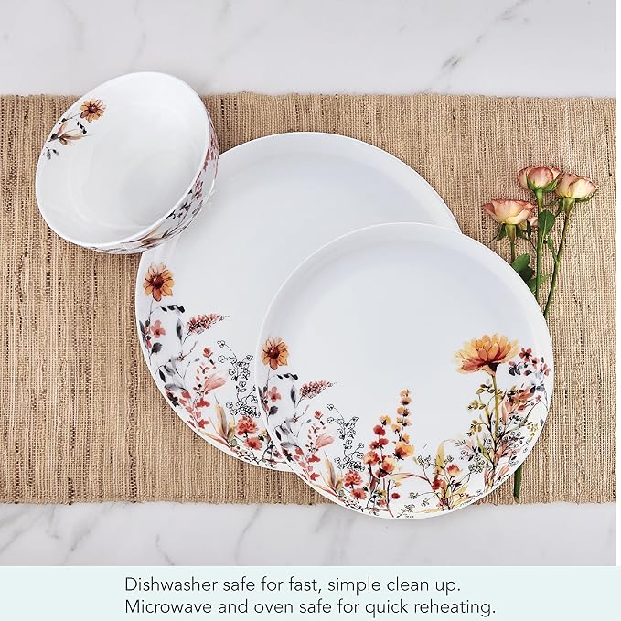 Mikasa Wildflower Bliss 12 Piece Floral Bone China Durable Chip Resistant Lightweight Dinnerware Set, Service for 4