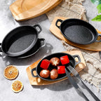 Mifoci 6 Pcs Mini Cast Iron Skillet with Wooden Base Small Cast Iron Fajita Plates Baker's Skillet Matte Black Pan Pot for Kitchen Restaurant Barbecue Dinner (8.7 x 4.7 x 1.6 Inches)
