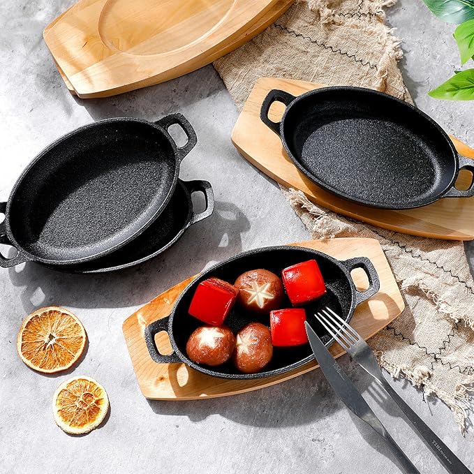 Mifoci 6 Pcs Mini Cast Iron Skillet with Wooden Base Small Cast Iron Fajita Plates Baker's Skillet Matte Black Pan Pot for Kitchen Restaurant Barbecue Dinner (8.7 x 4.7 x 1.6 Inches)