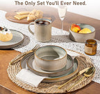 GBHOME 24-Piece Stoneware Dinnerware Set for 8 – Ribbed Ceramic Plates and Bowls, Scratch-Resistant, Microwave & Dishwasher Safe, Reactive Glaze, Celadon Mist